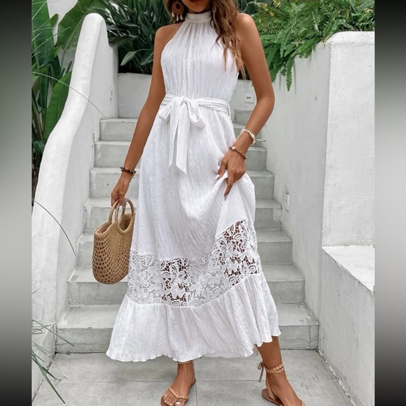 White Contrast Guipure Sheer Mesh Lace Layered Hem Belted Halter Dress - Picture 5 of 6